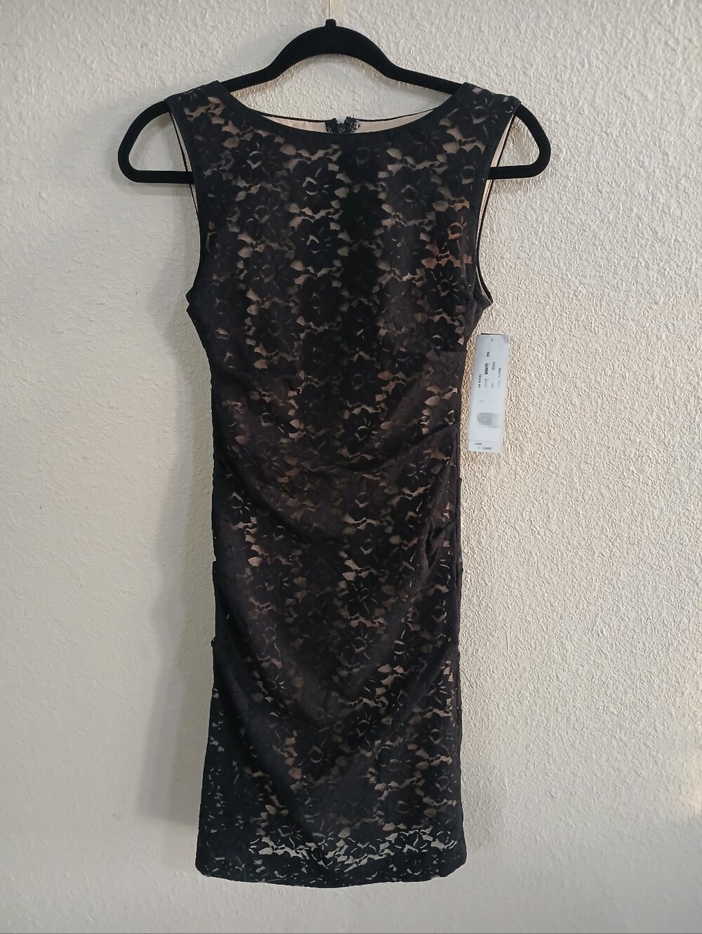 NWT Nicole Miller Black Lace Overlay Ruched Dress